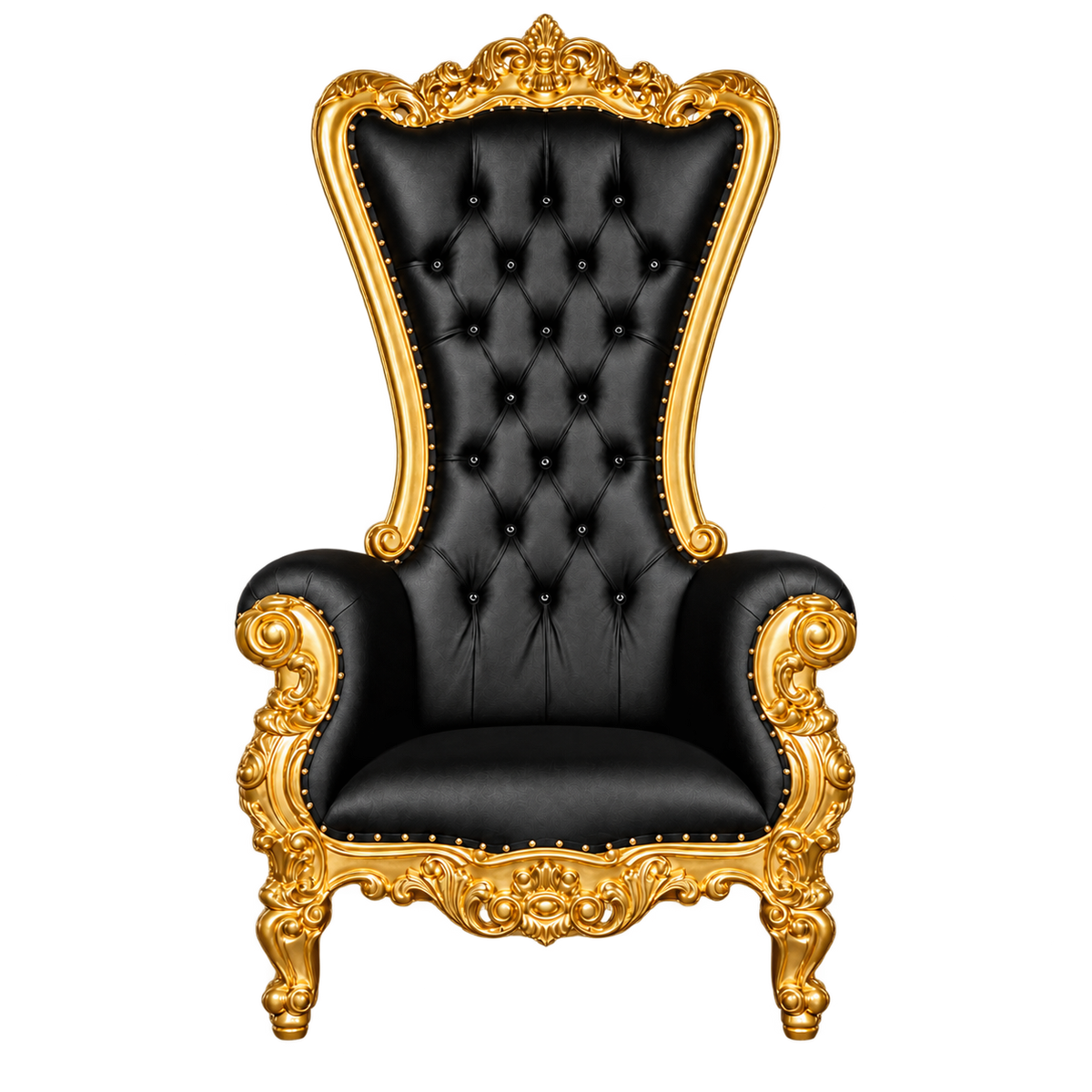 Bellacrest Throne Chair — Satin Gold with Gold Leaf / Black Bonded Leather