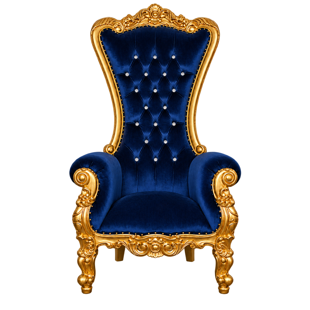 Bellacrest Throne Chair — Satin Gold with Gold Leaf / Royal Blue Medici Velvet