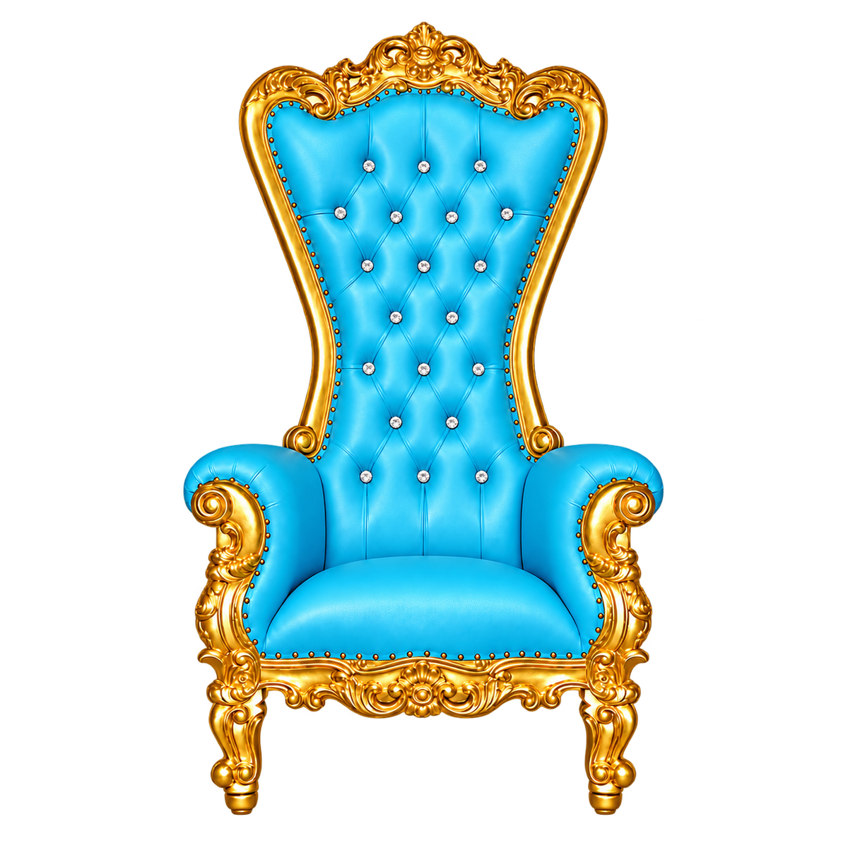 Bellacrest Throne Chair — Satin Gold with Gold Leaf / Baby Blue Bonded Leather