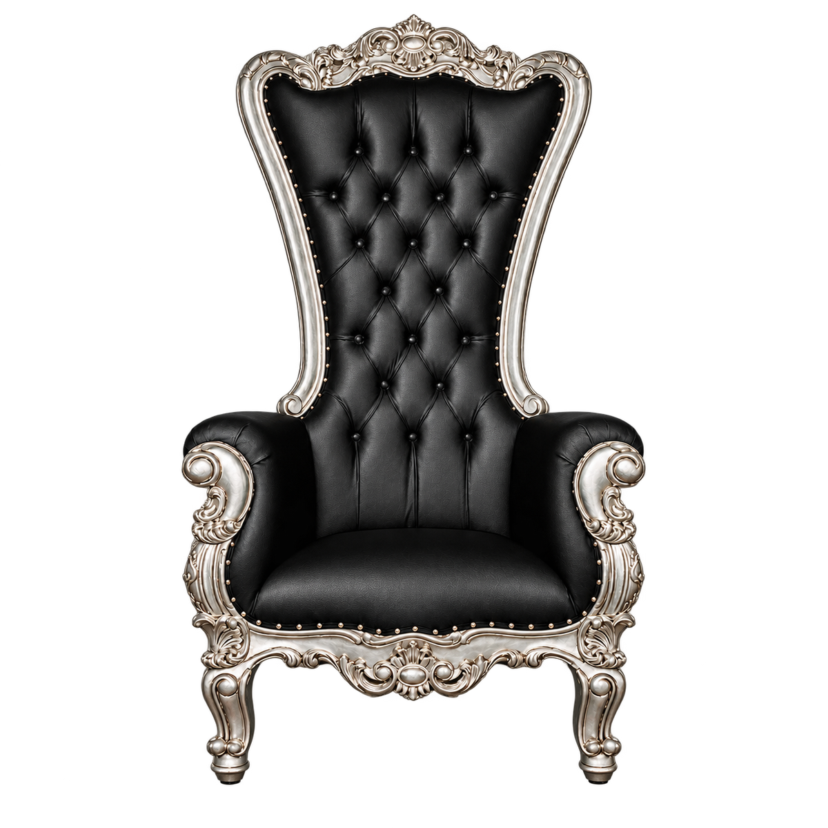 Bellacrest Throne Chair — Satin Silver with Silver Leaf / Black Bonded Leather