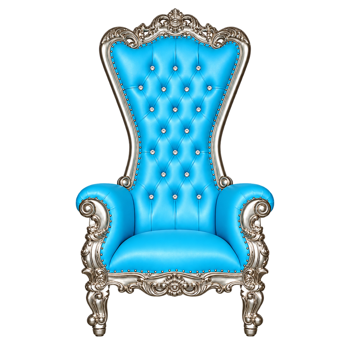 Bellacrest Throne Chair — Satin Silver with Silver Leaf / Baby Blue Bonded Leather