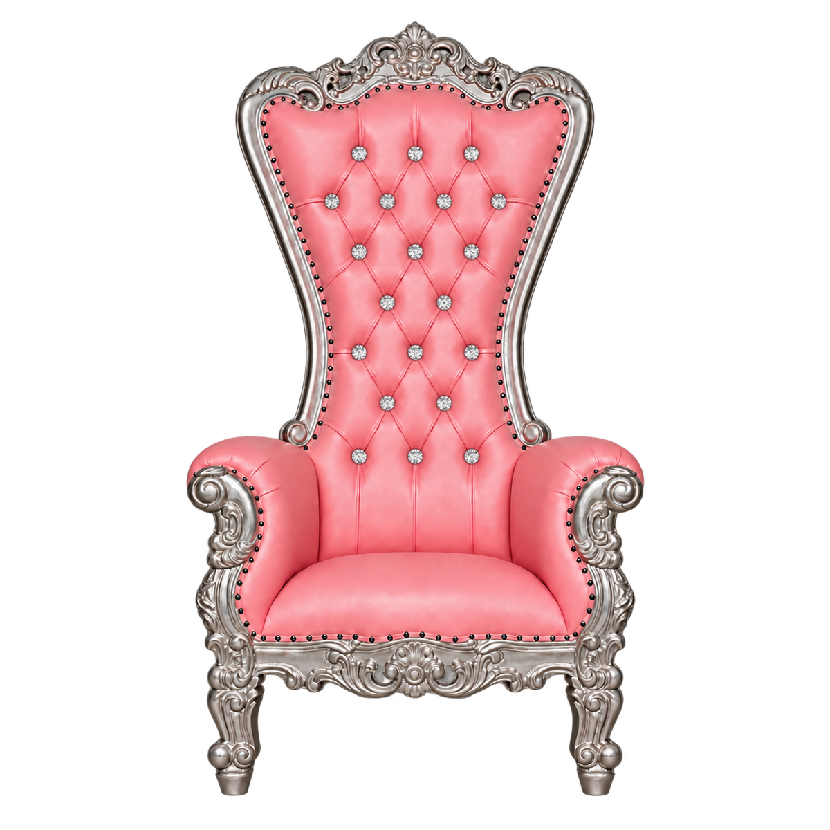 Bellacrest Throne Chair — Satin Silver with Silver Leaf / Baby Pink Bonded Leather