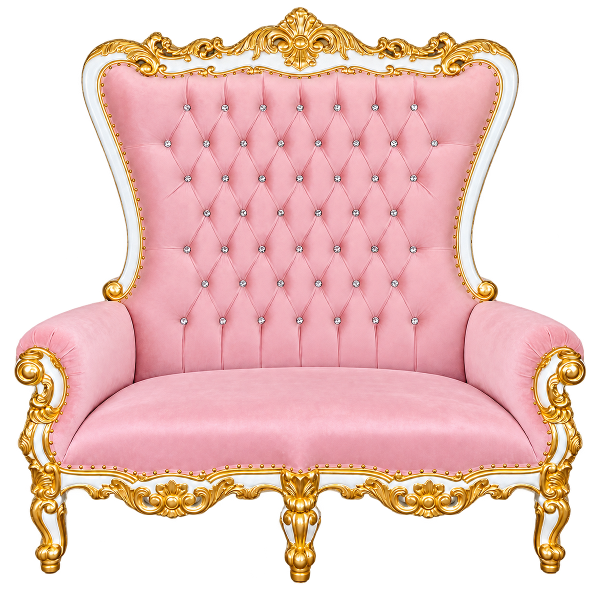 Bellacrest Two-Seat Throne — Gloss White with Gold Leaf / Blush Pink Velvet