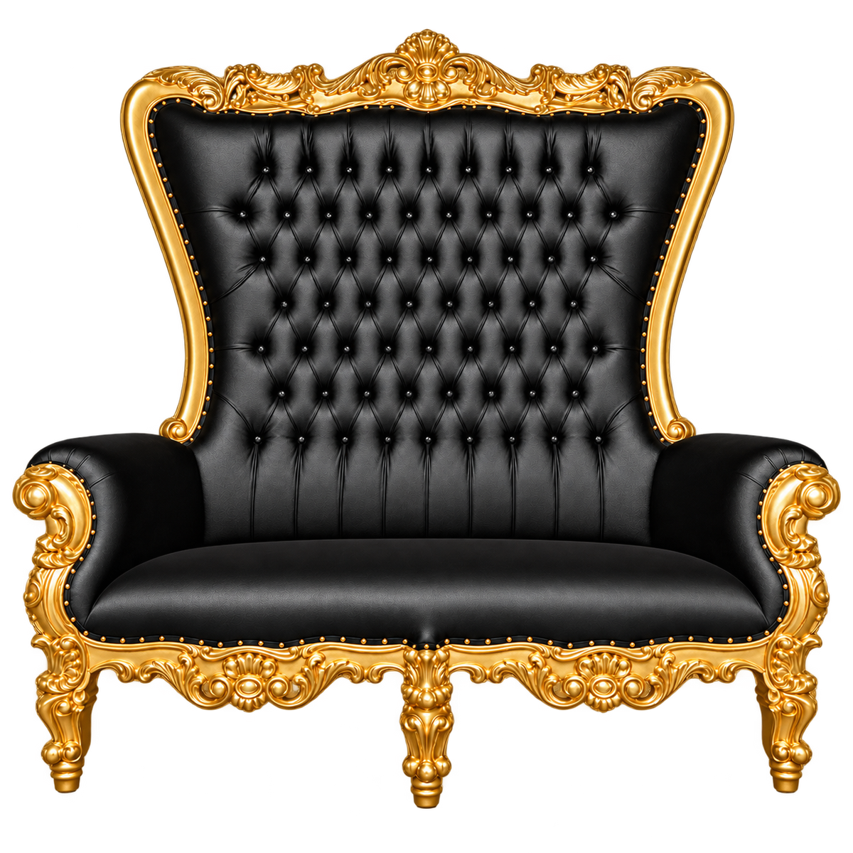 Bellacrest Two-Seat Throne — Satin Gold with Gold Leaf / Black Bonded Leather