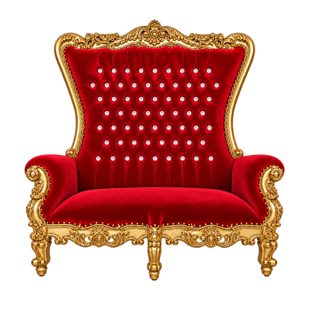 Bellacrest Two-Seat Throne — Satin Gold with Gold Leaf / Crimson Medici Velvet