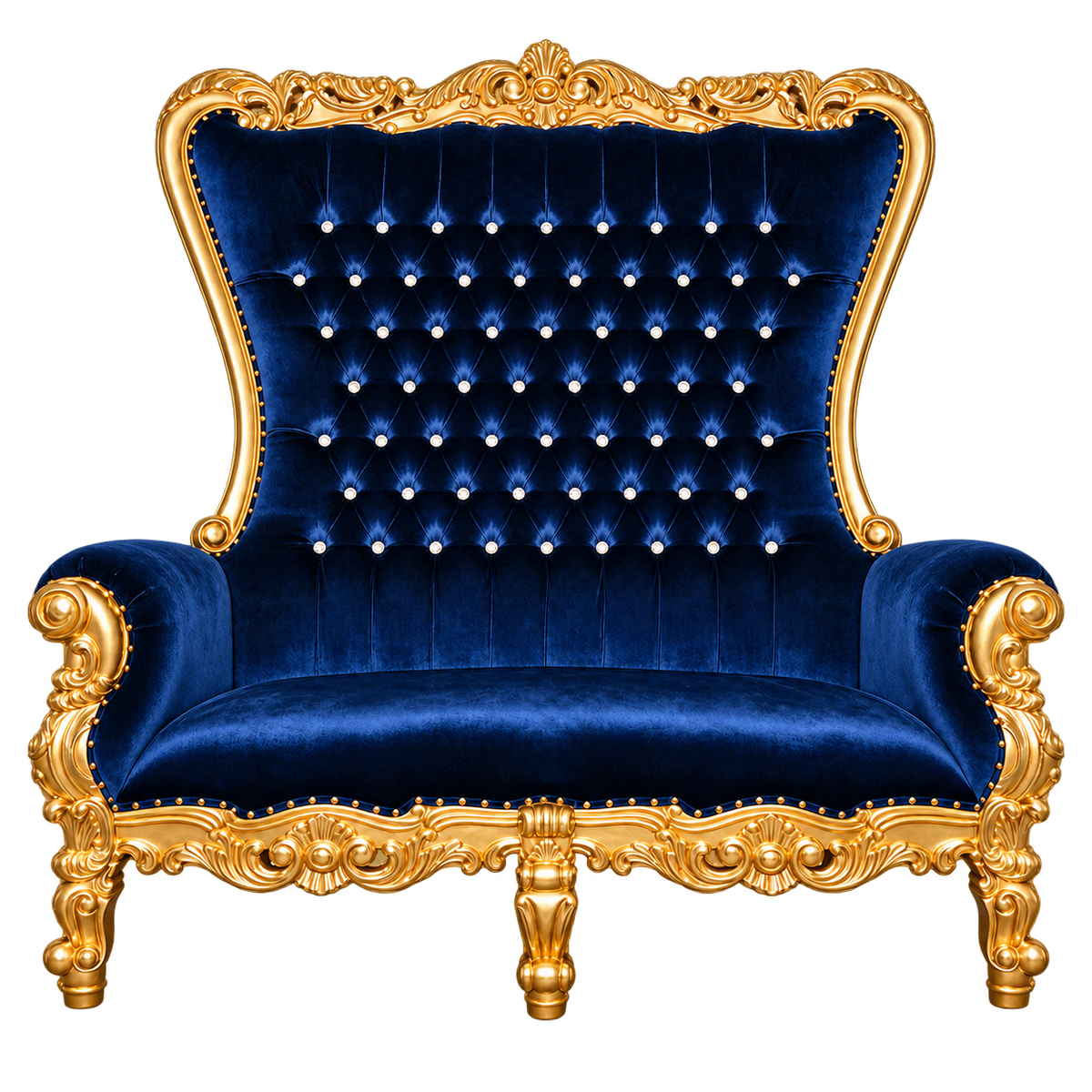 Bellacrest Two-Seat Throne — Satin Gold with Gold Leaf / Royal Blue Medici Velvet