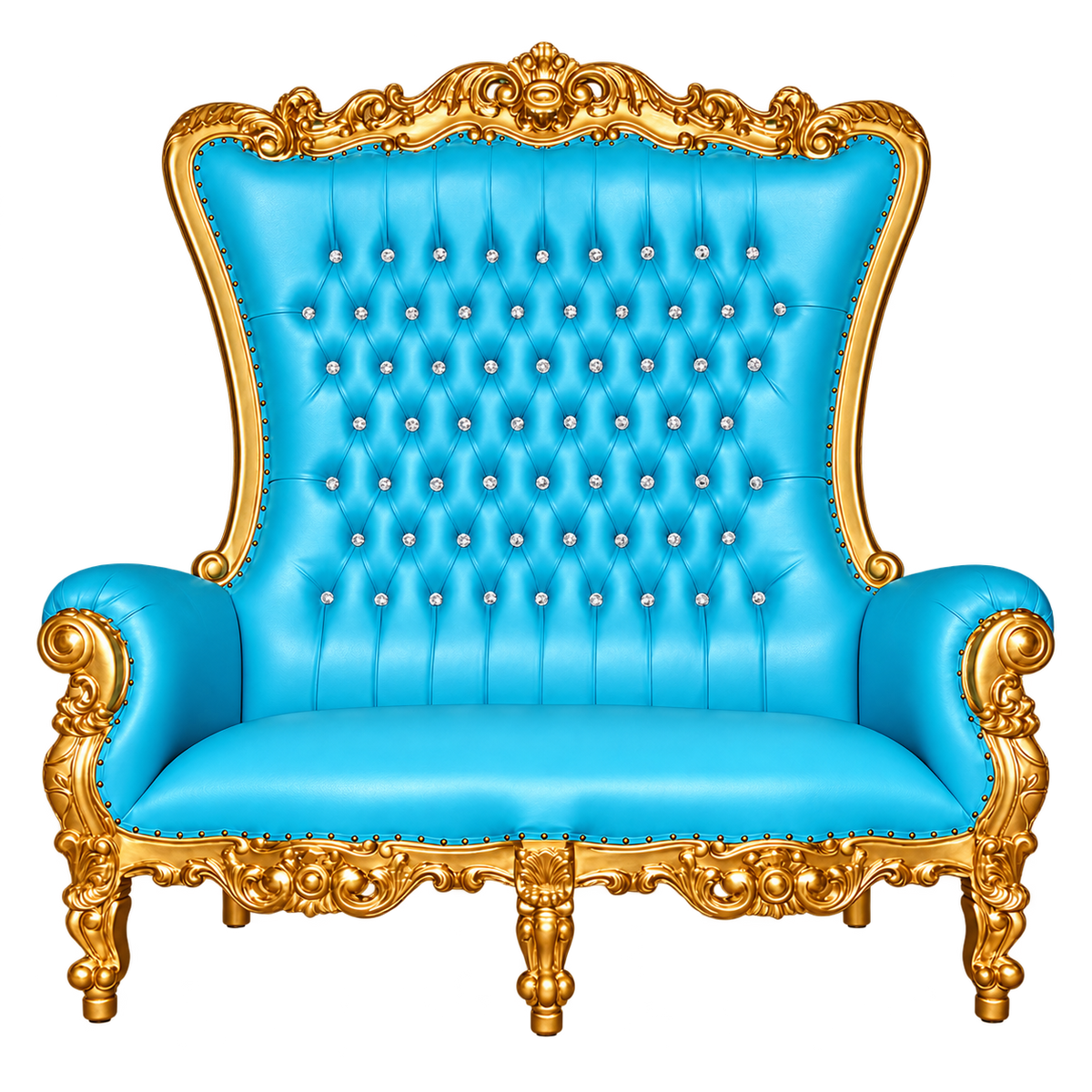 Bellacrest Two-Seat Throne — Satin Gold with Gold Leaf / Baby Blue Bonded Leather