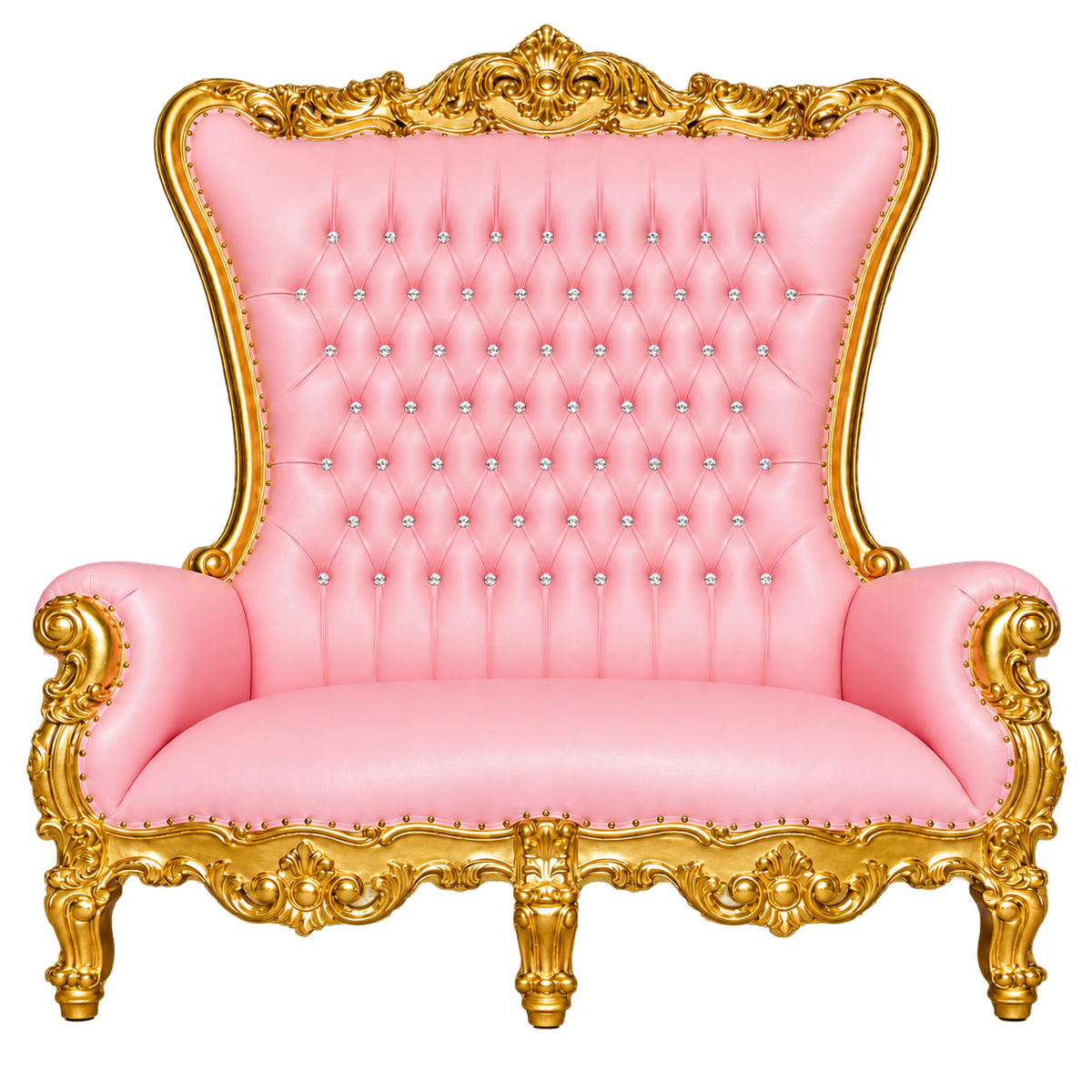 Bellacrest Two-Seat Throne — Satin Gold with Gold Leaf / Baby Pink Bonded Leather