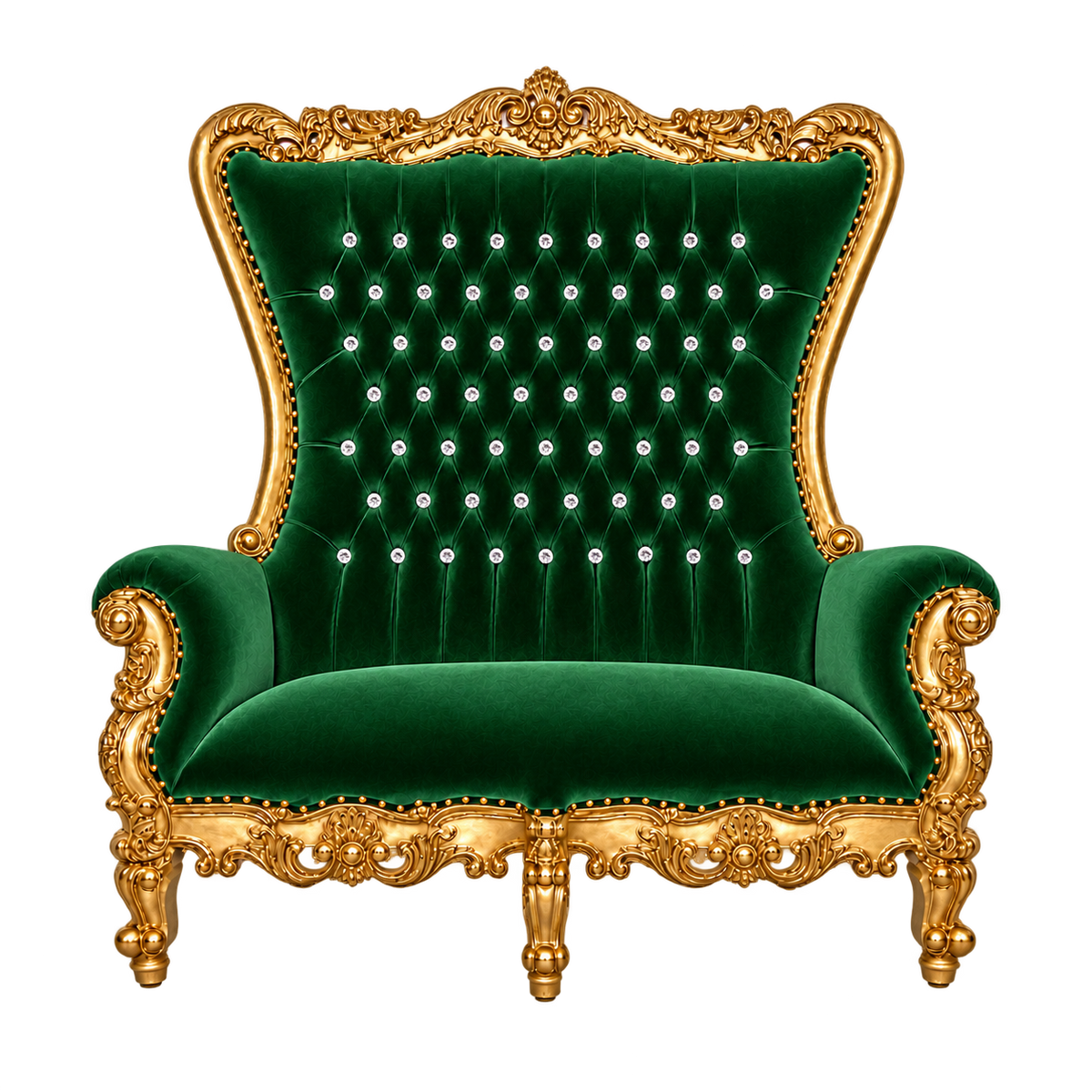 Bellacrest Two-Seat Throne — Satin Gold with Gold Leaf / Emerald Green Medici Velvet