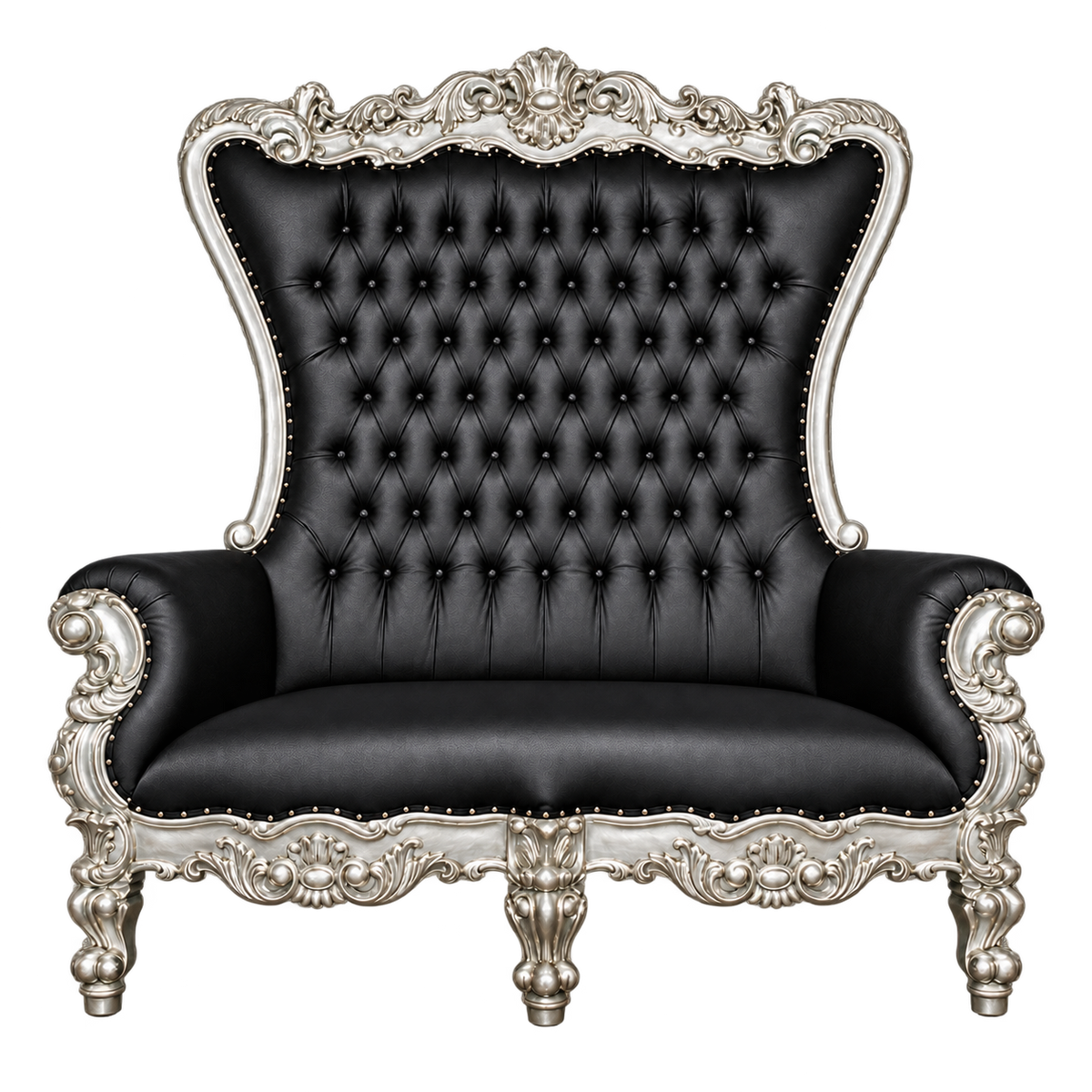 Bellacrest Two-Seat Throne — Satin Silver with Silver Leaf / Black Bonded Leather