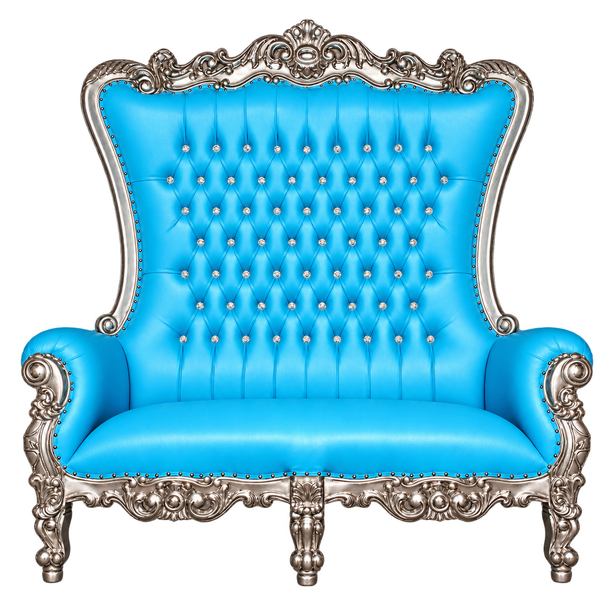 Bellacrest Two-Seat Throne — Satin Silver with Silver Leaf / Baby Blue Bonded Leather