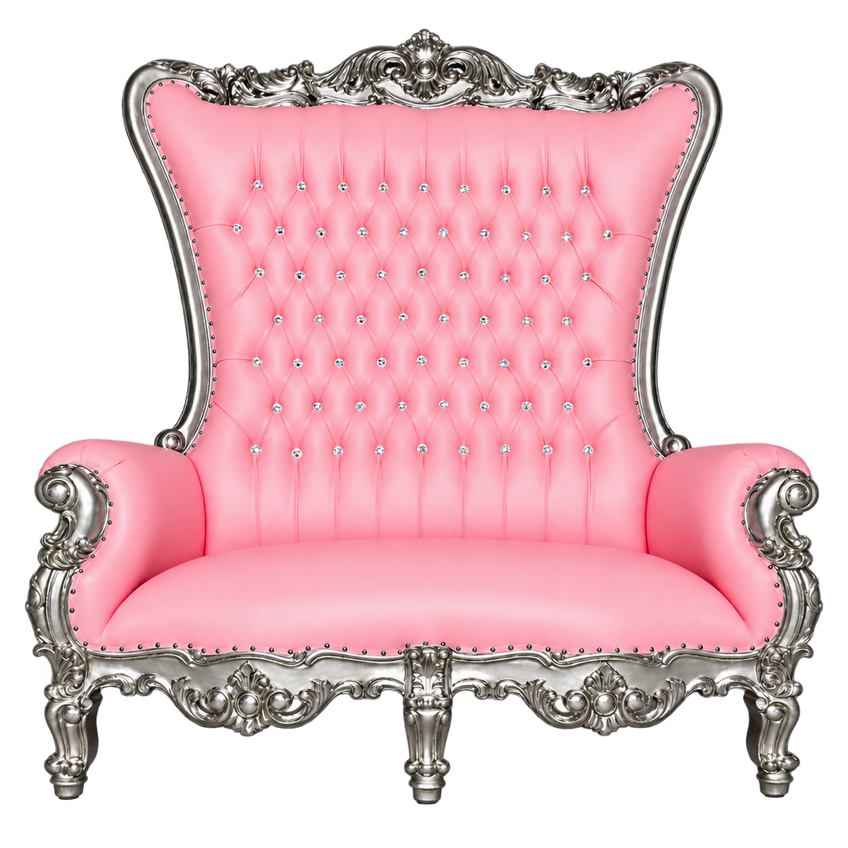 Bellacrest Two-Seat Throne — Satin Silver with Silver Leaf / Baby Pink Bonded Leather