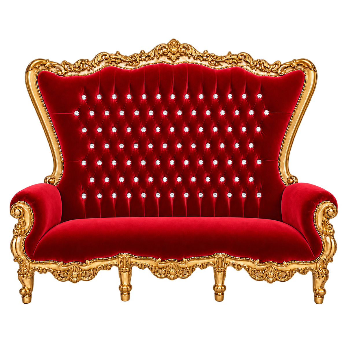 Bellacrest Three-Seat Throne — Satin Gold with Gold Leaf / Crimson Medici Velvet