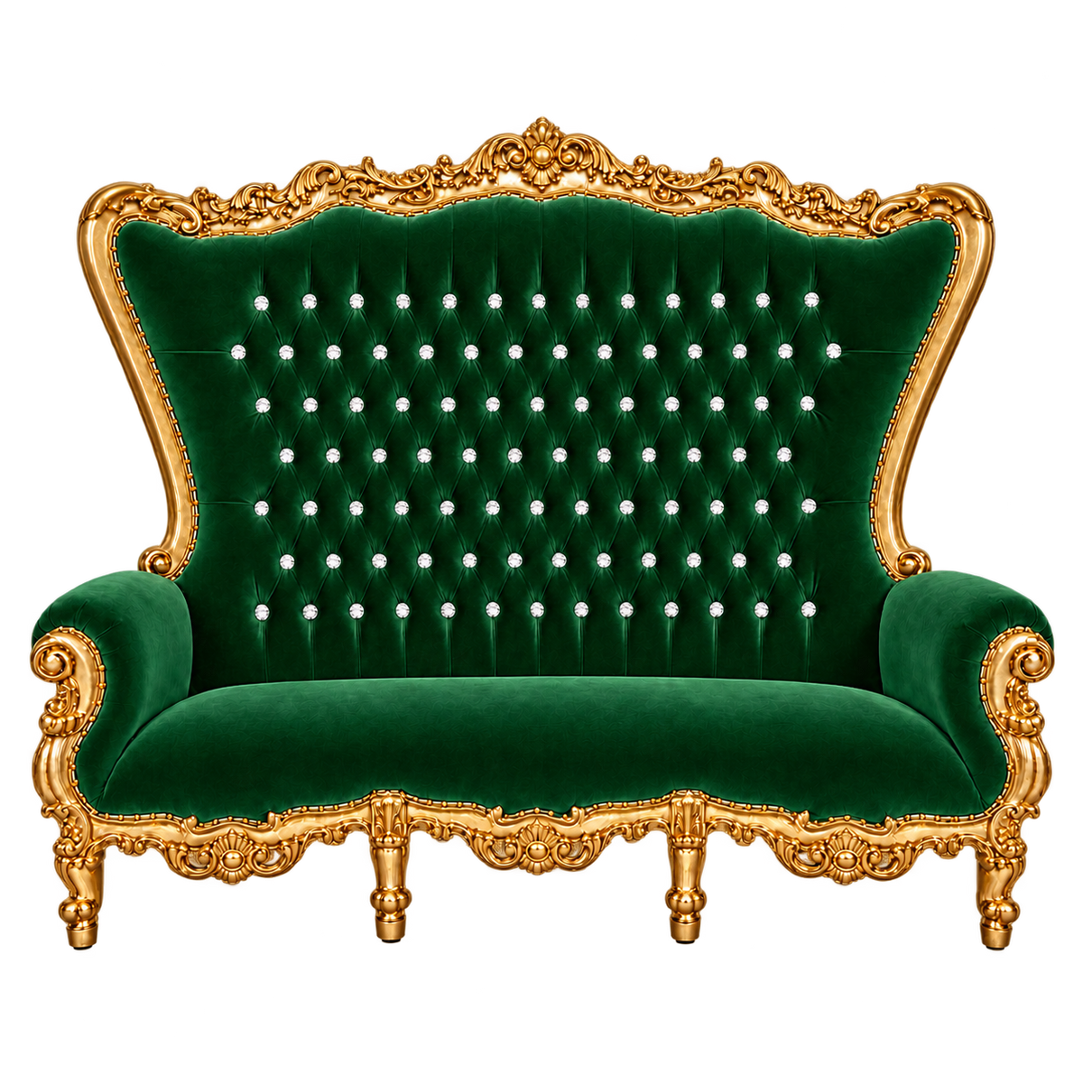 Bellacrest Three-Seat Throne — Satin Gold with Gold Leaf / Emerald Green Medici Velvet