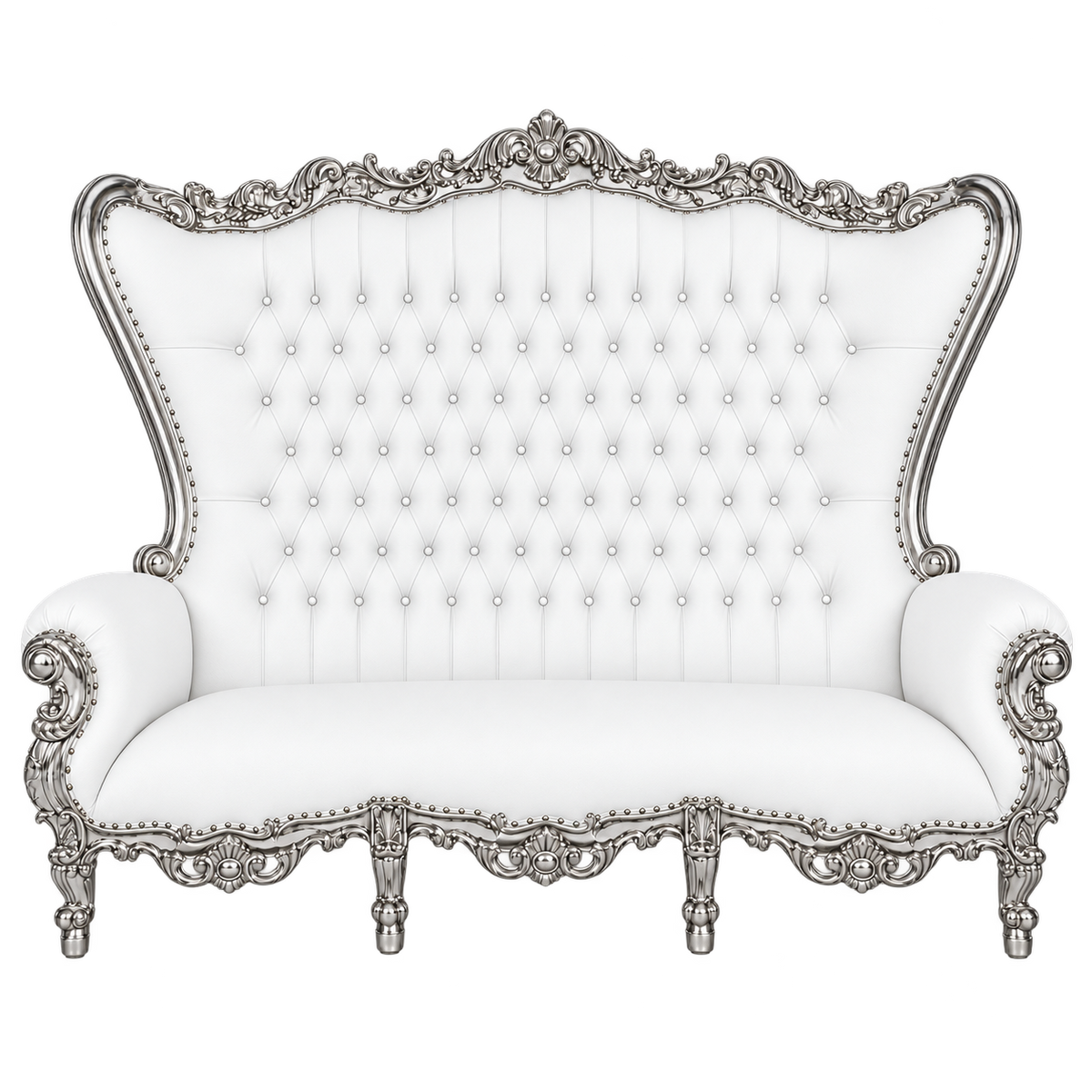 Bellacrest Three-Seat Throne — Satin Silver / White Bonded Leather
