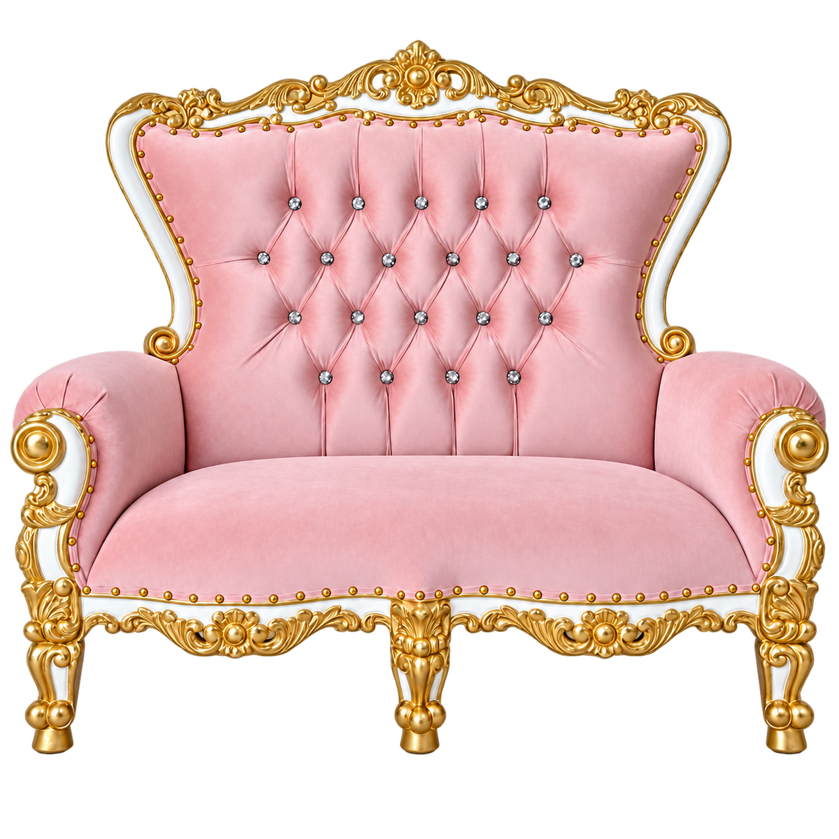 Bellacrest Children’s Two-Seat Throne — Gloss White with Gold Leaf / Blush Pink Velvet