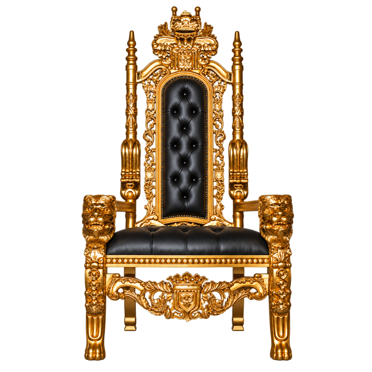 Kingsward Lion Throne Chair — Satin Gold / Black Bonded Leather