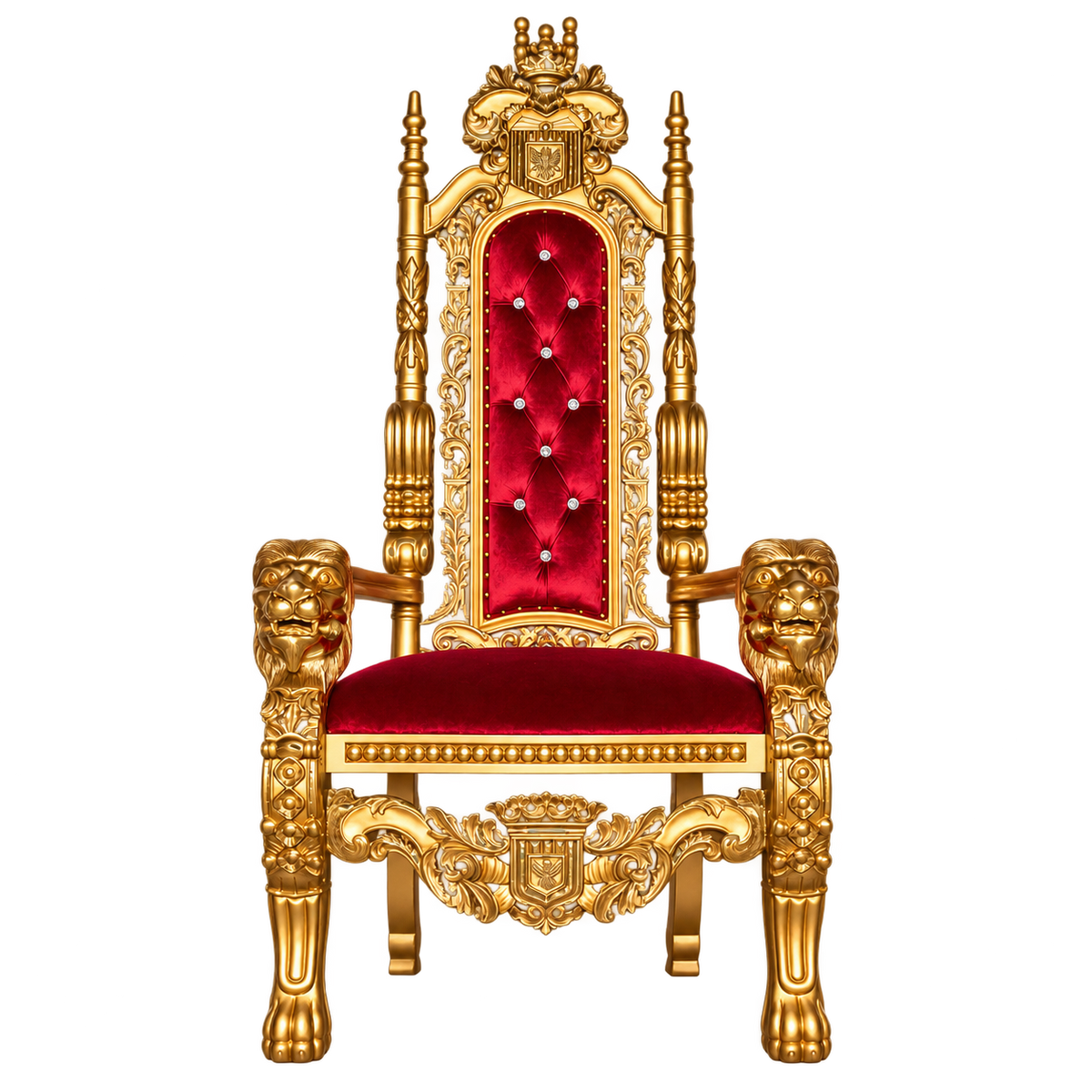 Kingsward Lion Throne Chair — Satin Gold / Crimson Medici Velvet