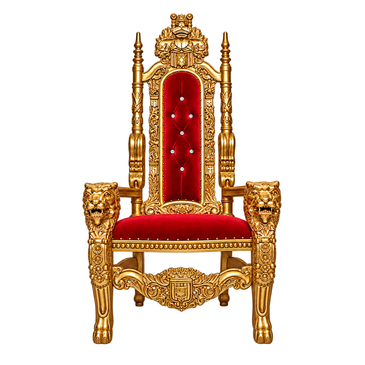 Kingsward Lion Throne Chair — Satin Gold with Gold Leaf / Crimson Medici Velvet