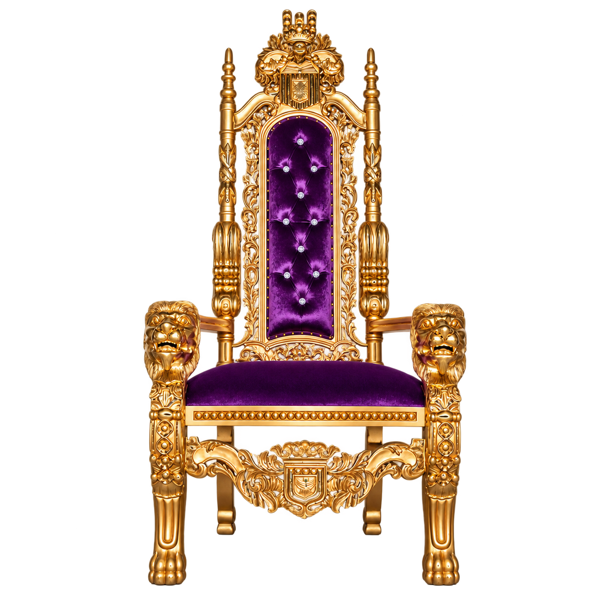 Kingsward Lion Throne Chair — Satin Gold / Royal Purple Medici Velvet