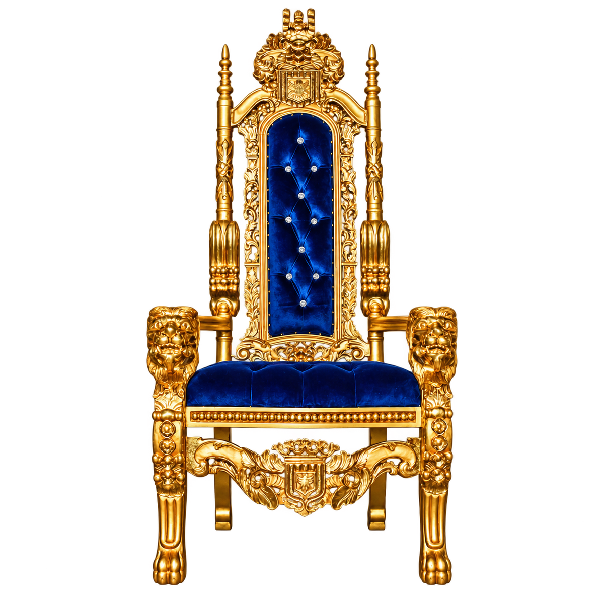 Kingsward Lion Throne Chair — Satin Gold / Royal Blue Medici Velvet
