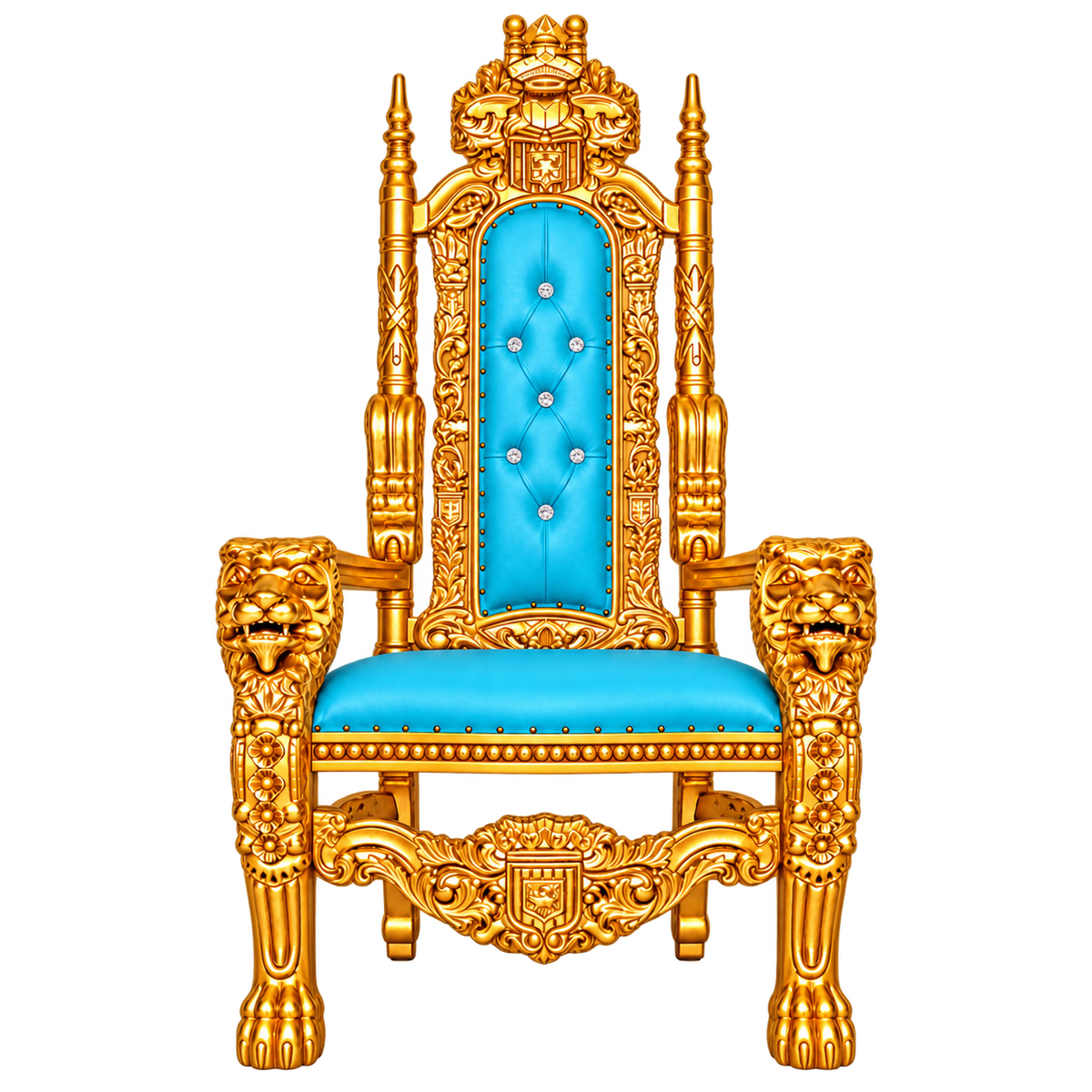 Kingsward Lion Throne Chair — Satin Gold with Gold Leaf / Baby Blue Bonded Leather