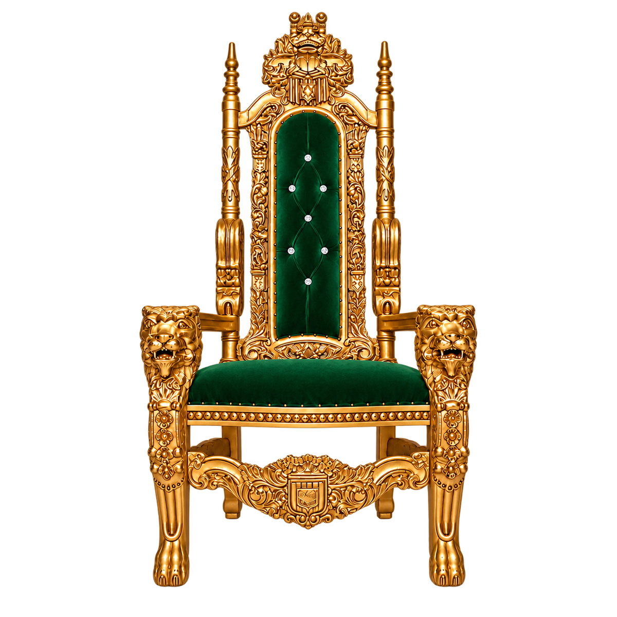 Kingsward Lion Throne Chair — Satin Gold with Gold Leaf / Emerald Green Medici Velvet