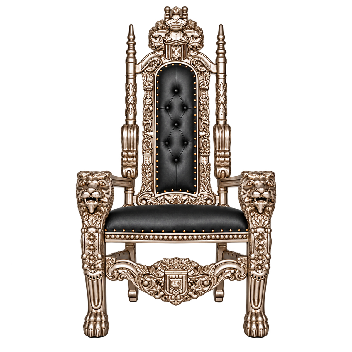Kingsward Lion Throne Chair — Satin Silver with Silver Leaf / Black Bonded Leather