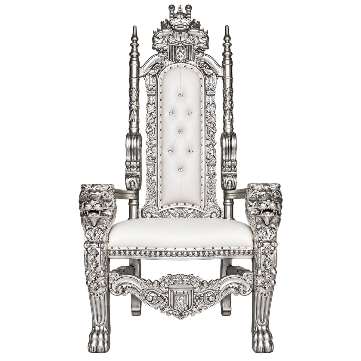 Kingsward Lion Throne Chair — Satin Silver / White Bonded Leather