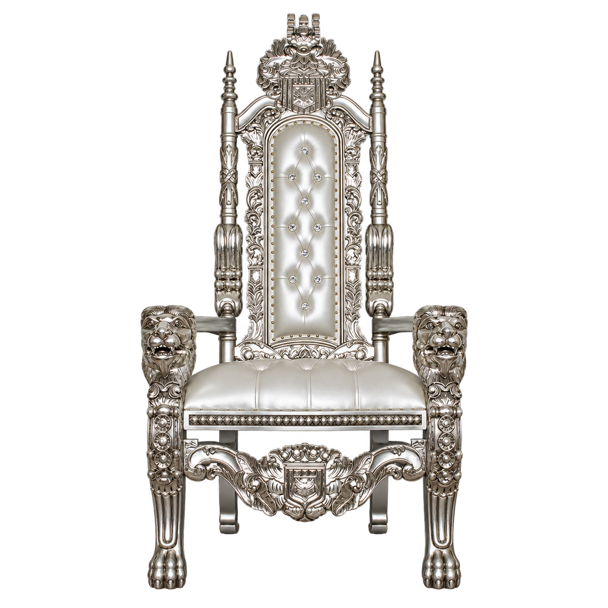 Kingsward Lion Throne Chair — Satin Silver / Silver Bonded Leather