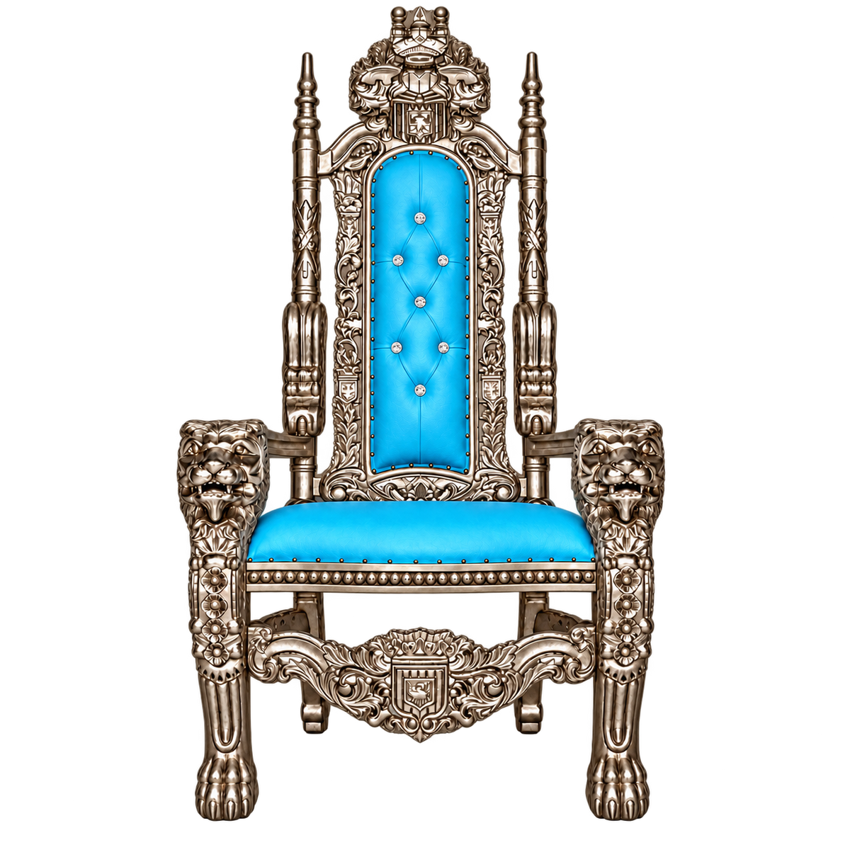Kingsward Lion Throne Chair — Satin Silver with Silver Leaf / Baby Blue Bonded Leather