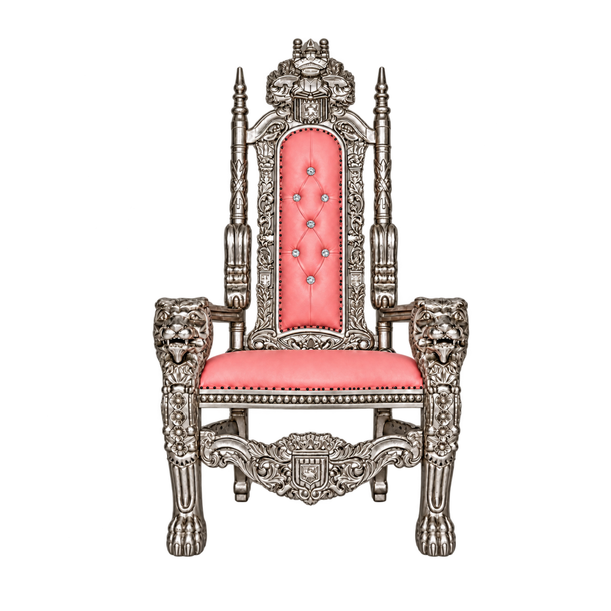 Kingsward Lion Throne Chair — Satin Silver with Silver Leaf / Baby Pink Bonded Leather