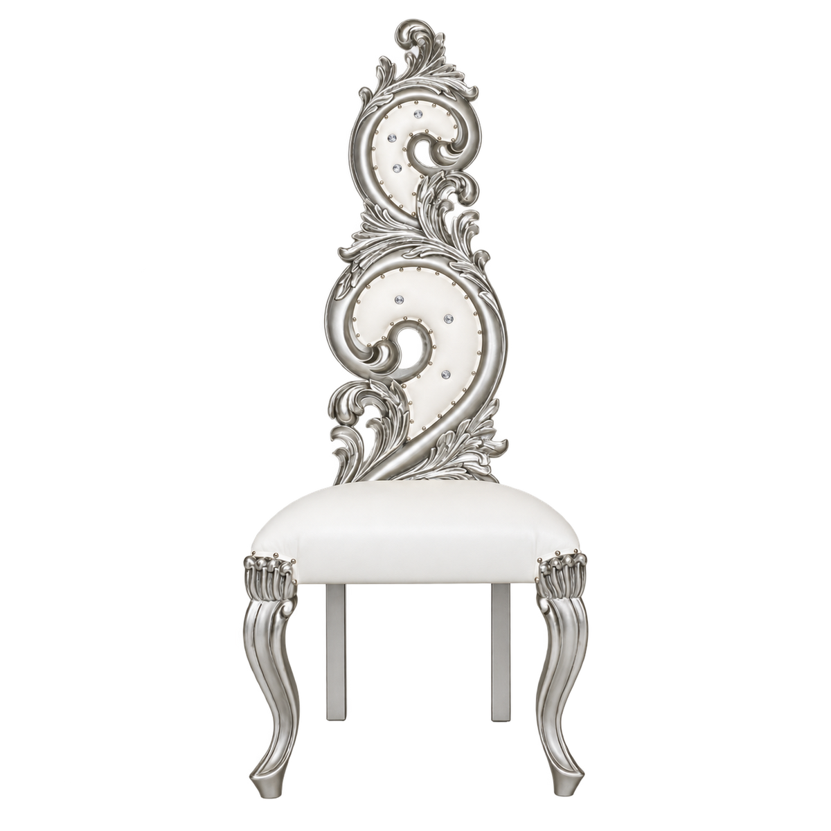 Scrollmere Throne Chair — Satin Silver / White Bonded Leather
