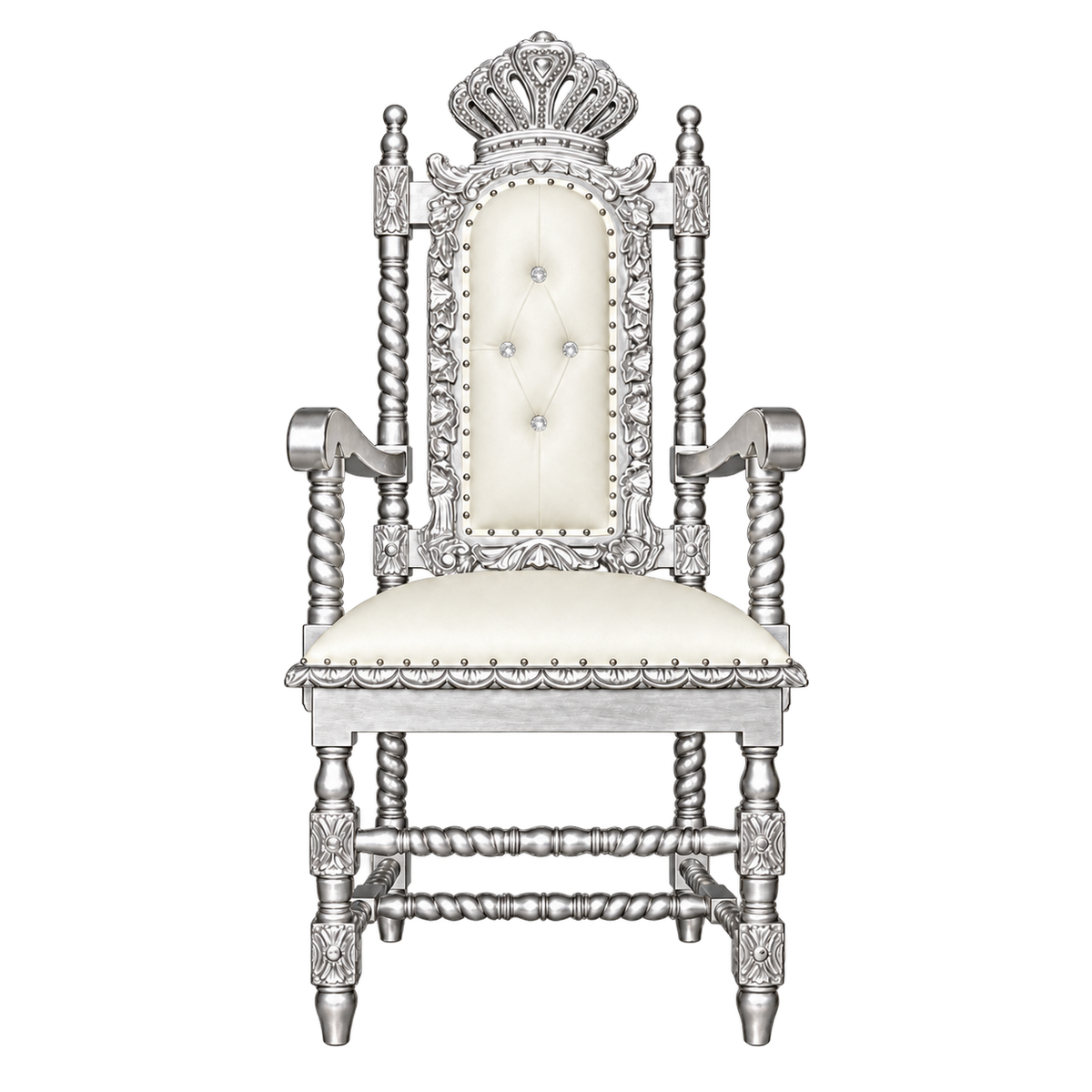 Aldercourt Throne Chair — Satin Silver with Silver Leaf / White Bonded Leather with Clear Crystals