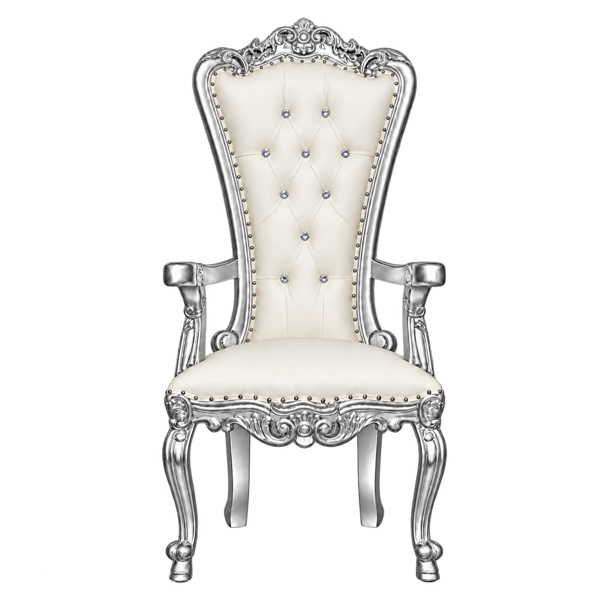 Courtmere Throne Chair — Satin Silver with Silver Leaf / White Bonded Leather