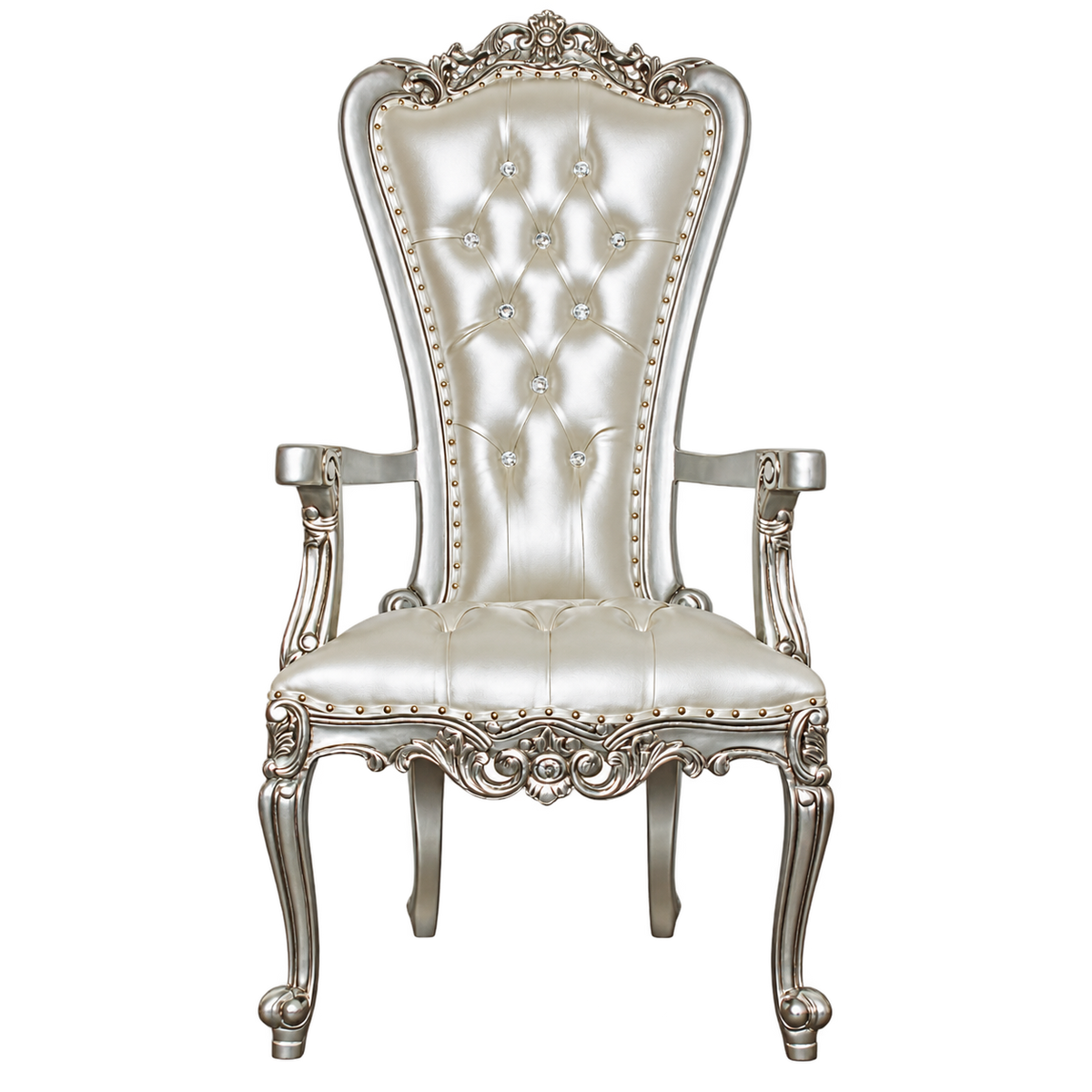 Courtmere Throne Chair — Satin Silver with Silver Leaf / Silver Bonded Leather