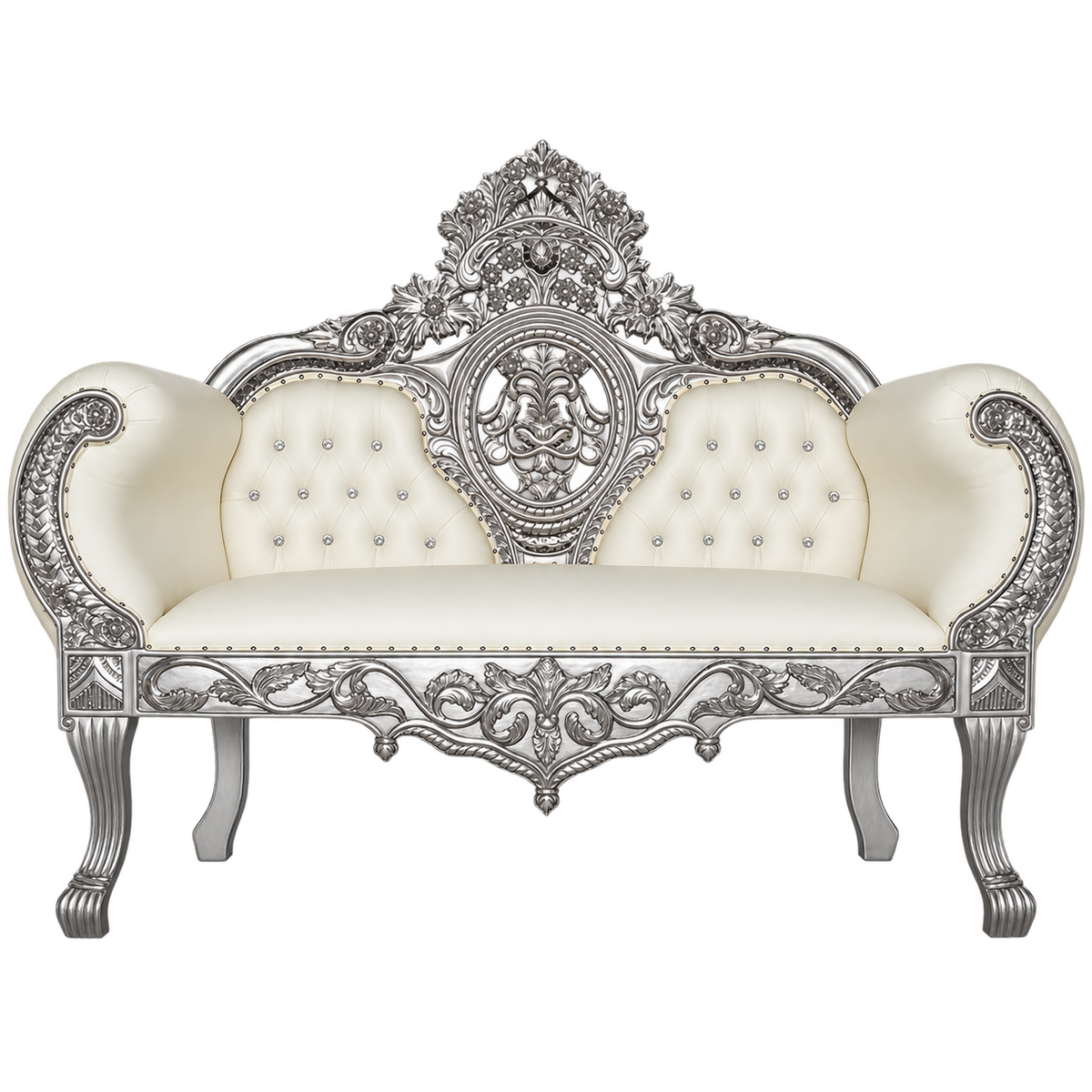 Crestavon Loveseat with silver frame and white tufted upholstery
