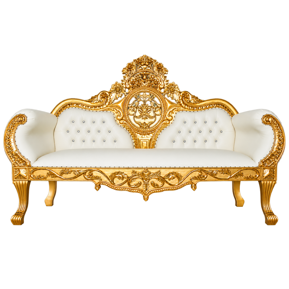 Crestavon Sofa with gold frame and white tufted upholstery