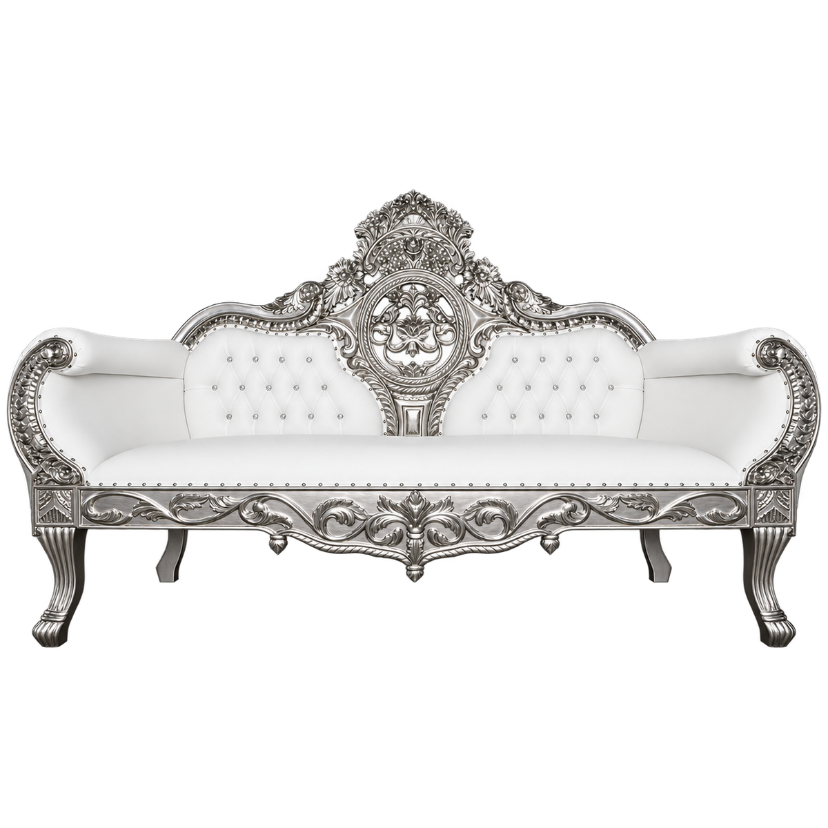Crestavon Sofa with silver frame and white tufted upholstery
