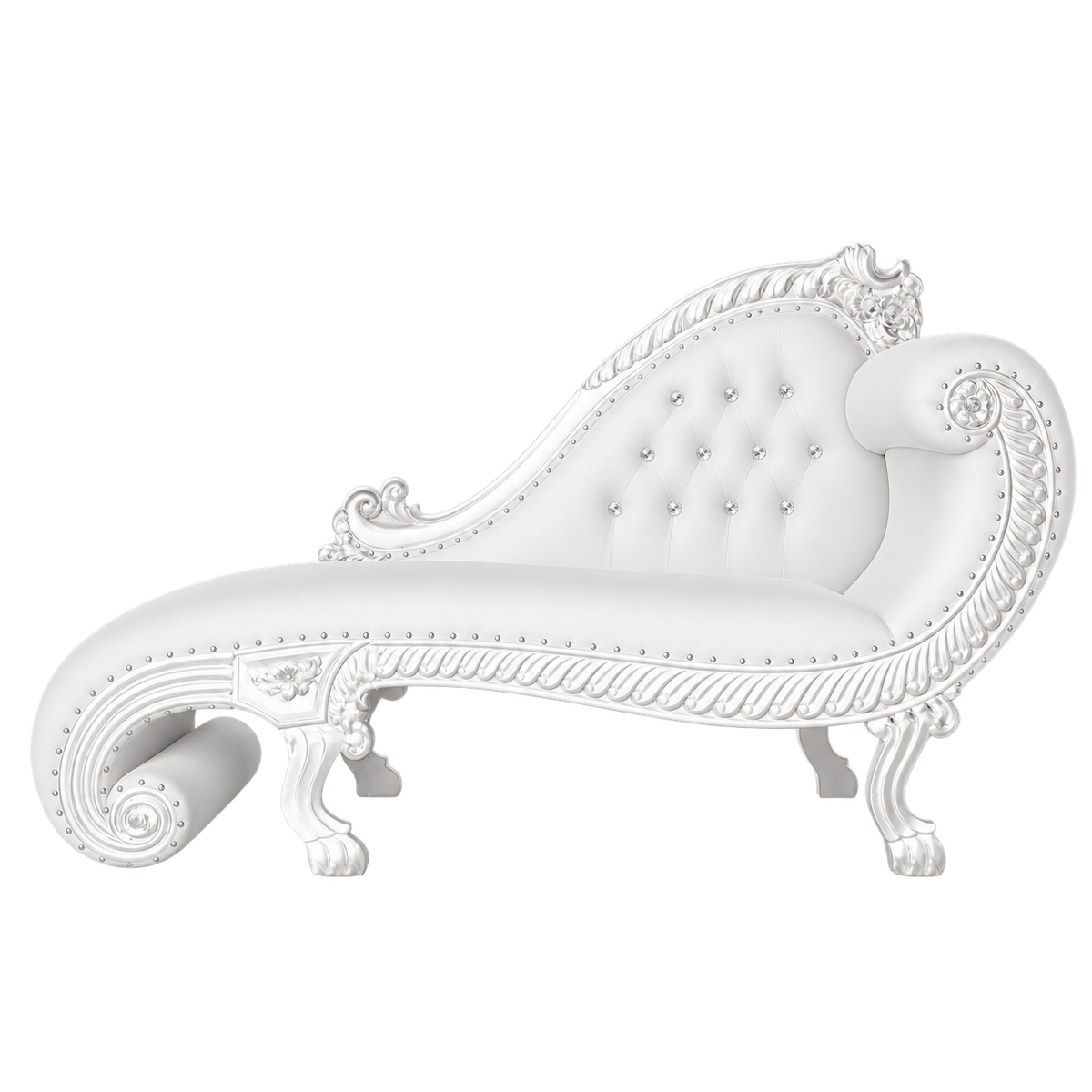 Bellevane Boudoir Chaise with white frame and white tufted upholstery