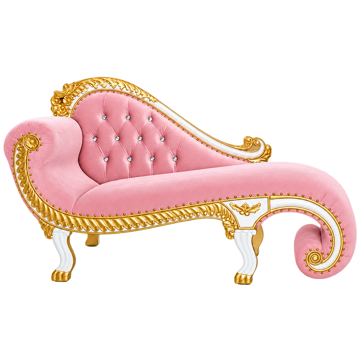 Bellevane Boudoir Chaise — Gloss White with Gold Leaf / Blush Pink Velvet
