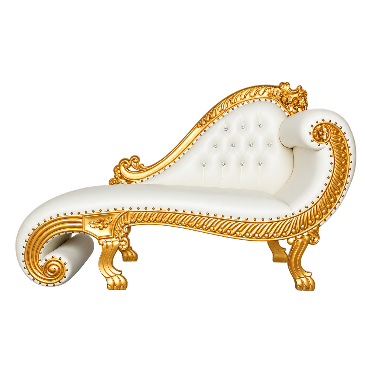 Bellevane Boudoir Chaise with gold frame and white tufted upholstery