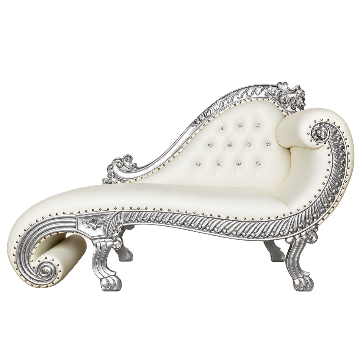 Bellevane Boudoir Chaise with silver frame and white tufted upholstery