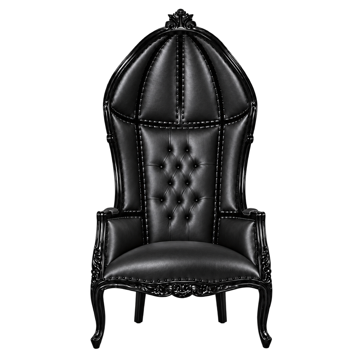 Crownvale Canopy Throne Chair — Gloss Black / Black Bonded Leather