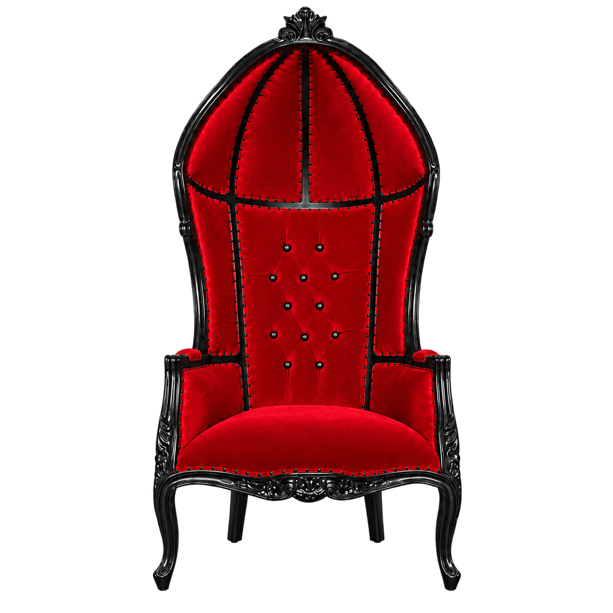 Crownvale Canopy Throne Chair — Gloss Black / Crimson Medici Velvet
