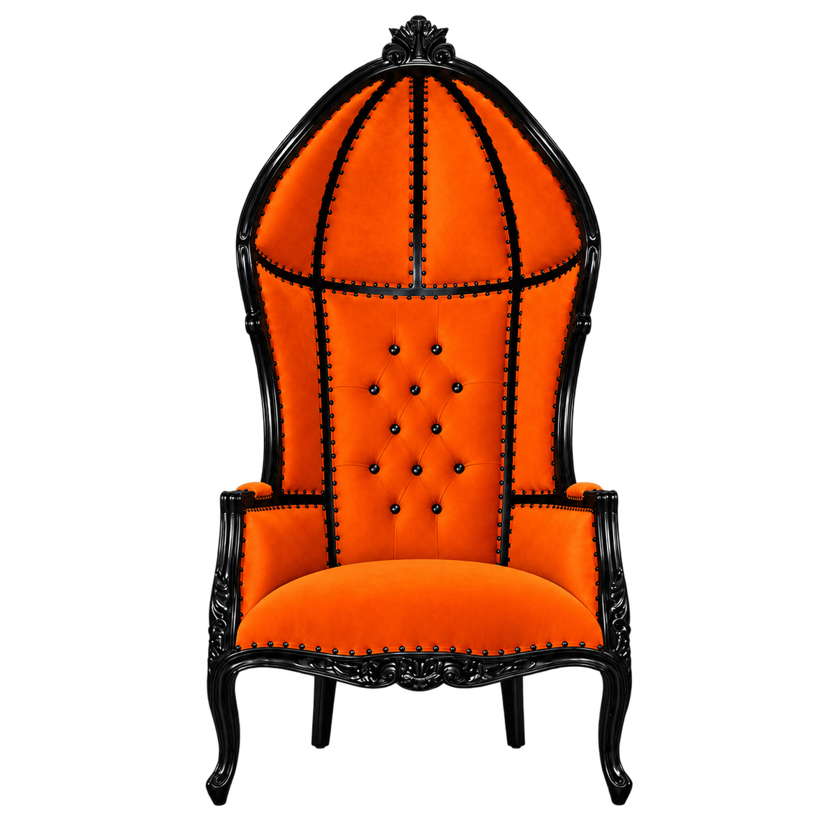 Crownvale Canopy Throne Chair — Gloss Black / Orange Medici Velvet