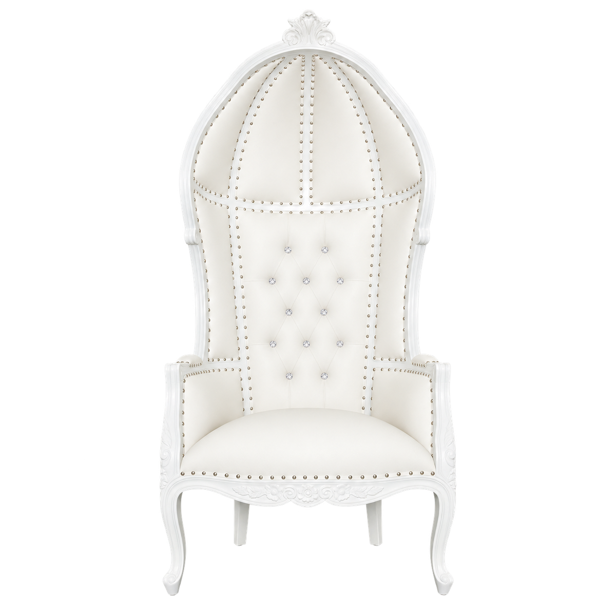 Crownvale Canopy Throne Chair — Gloss White / White Bonded Leather, full front view showing the dome canopy and carved mahogany legs