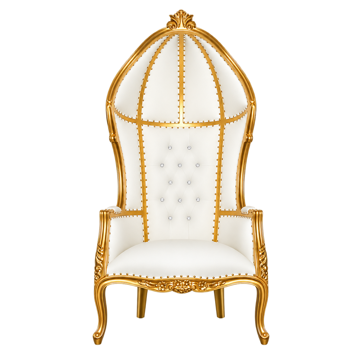 Crownvale Canopy Throne Chair — Gold Leaf / White Bonded Leather, full front view showing the dome canopy and carved mahogany legs