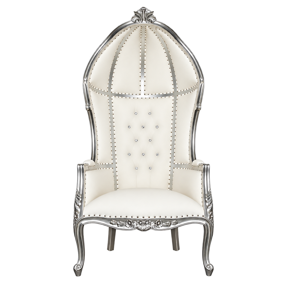 Crownvale Canopy Throne Chair — Silver Leaf / White Bonded Leather, full front view showing the dome canopy and carved mahogany legs