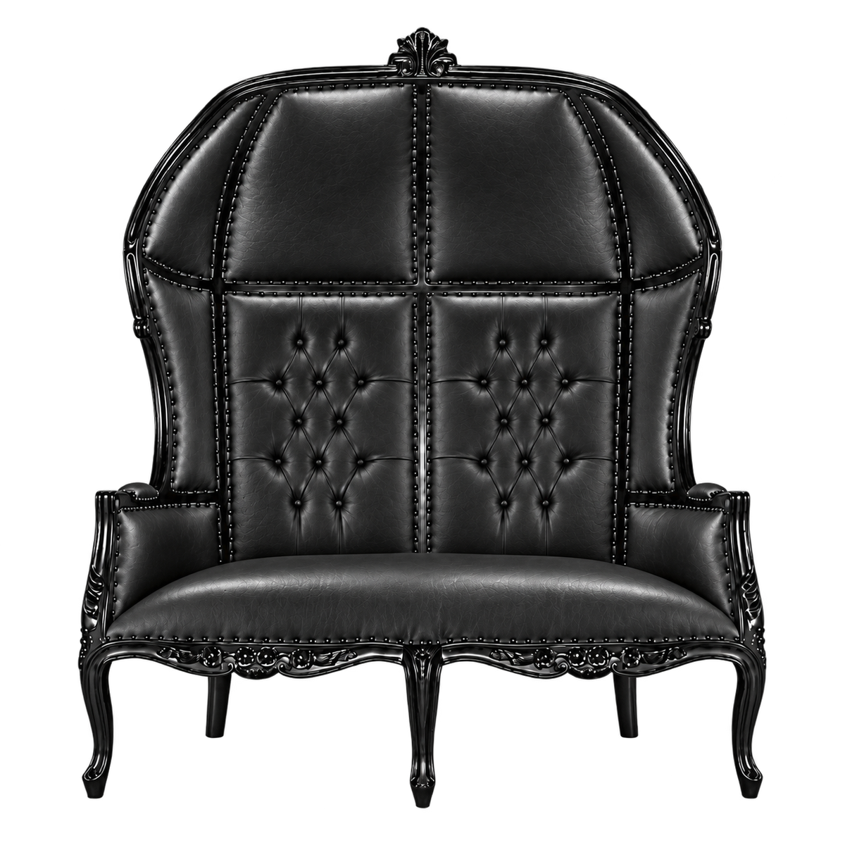 Crownvale Canopy Two-Seat Throne — Gloss Black / Black Bonded Leather